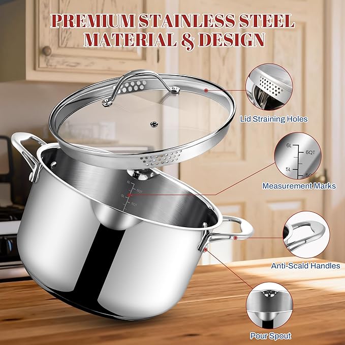 AOSION 6 Quart Stainless Steel Stock Pot with Deep Fryer Basket, 6QT Large Stockpot with Glass Strainer Lid,Ollas De Cocina for Spaghetti, Pasta Pot with Strainer,Compatible with All Cooktops.