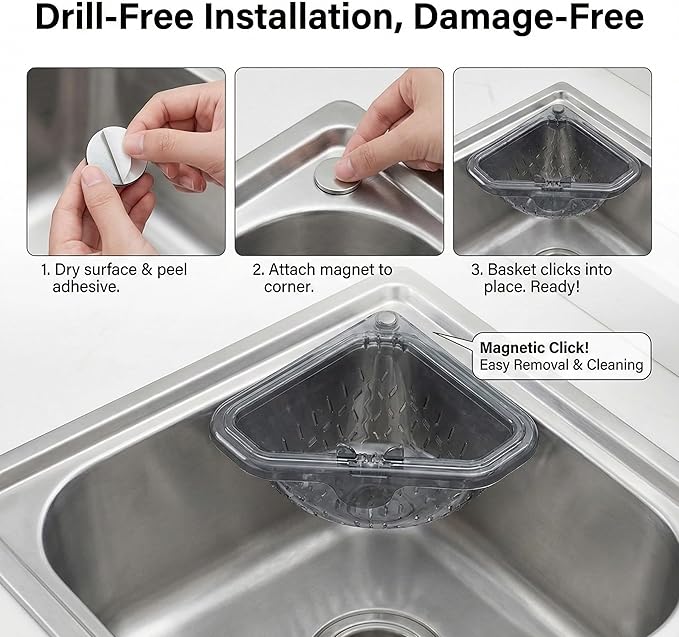 Triangular Draining Basket for Sink, Magnetic Corner Sink Strainer Basket, Touch-Free Food Catcher For Kitchen Sink (Gray)