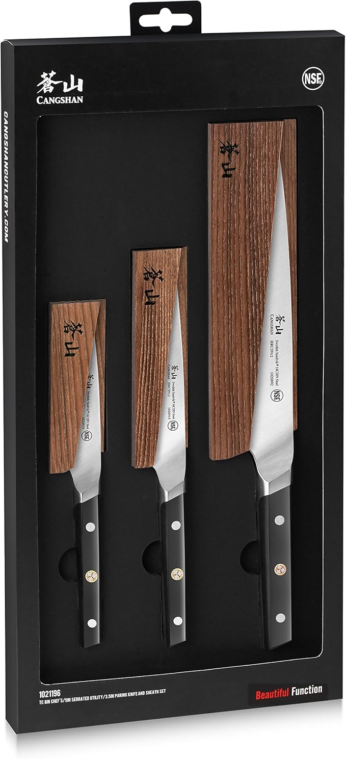 Cangshan TC Series 1021196 Swedish 14C28N Steel Forged 3-Piece Starter Knife Set with Wood Sheaths