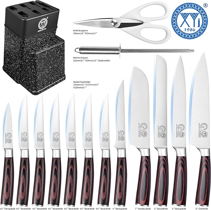 XYJ Authentic Since 1986, Knife Block Set, Kitchen Knives Set With Holder, Scissors, Professional Japanese Chef Knife Set, Paring Bread Carving Slicing Knife, Steak Knives