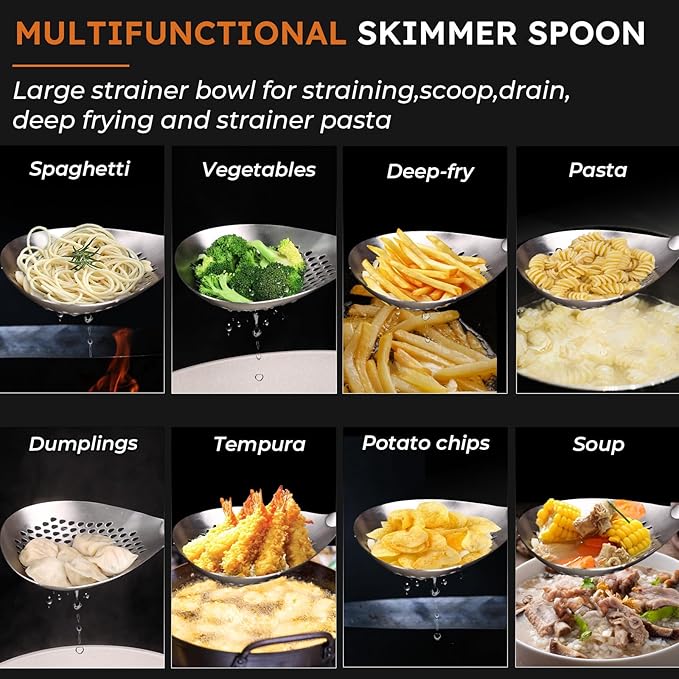 Skimmer Slotted Spoon -16.5" 304 Stainless Steel Pasta Spider Strainer Skimmer Ladle Spoon for Cooking and Frying - Kitchen Metal Scoop Colander Strainer Spoon with Heat Resistant Handle