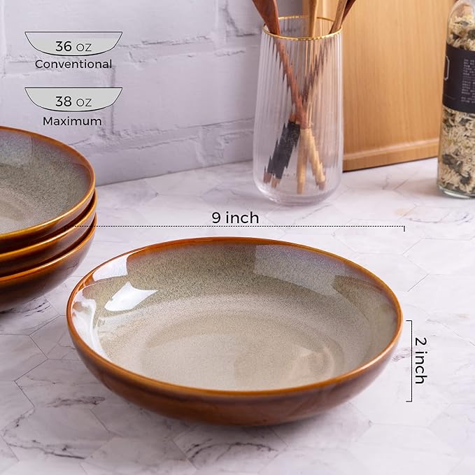 LERATIO Large Pasta Bowls,38oz Ceramic Pasta Bowls,9.0" Reactive Glaze Pasta Bowl Set of 4,Microwave & Dishwasher,Oven Safe,Wide Serving Bowls for Salad,Pasta,Fruit,Scratch Resistant-Khaki
