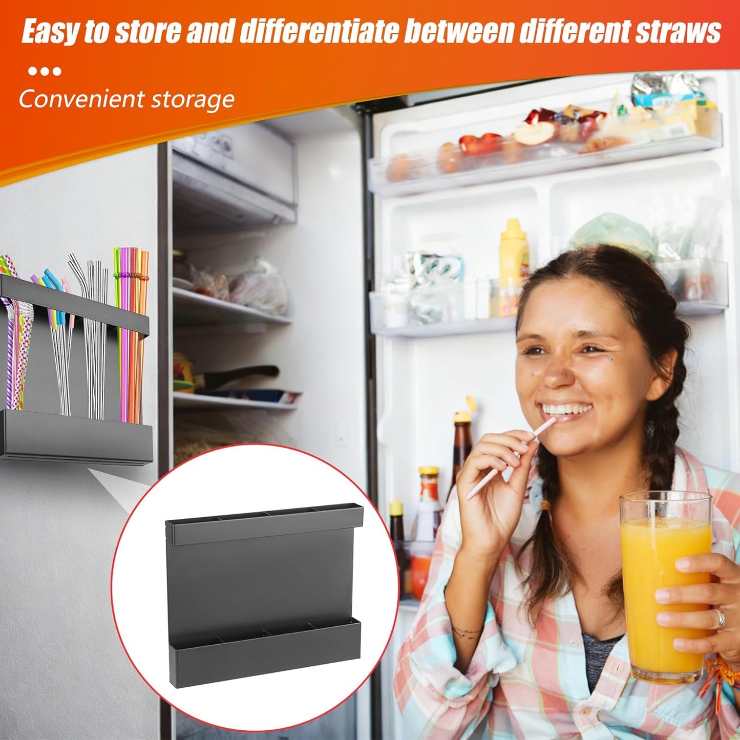 Magnetic Straw Organizer for Cabinet Door – Carbon Steel Straw Holder with Drain Holes, 4-Compartment Utensil Storage Rack for Reusable Straws, Spoons, and Coffee Bar Accessories