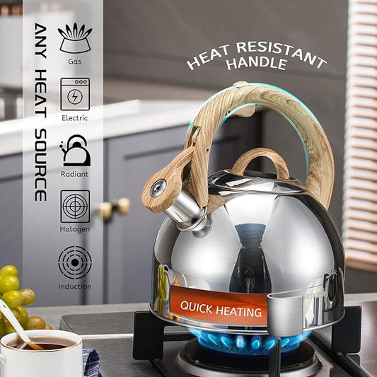 MARSKITOP Whistling Tea Kettle for Stove Top, Food Grade Stainless Steel Tea Pot with Wooden Pattern Handle, Loud Whistle Water Kettle Teapot, 2.64 Quart, Silver