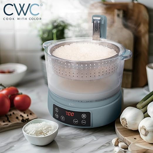COOK WITH COLOR 3L Glass Mini Low Carb Rice Cooker – Holds 2 Cups Raw/Makes 6 Cups Cooked with Auto Lift Filter Basket, Hotpot & Steamer for Rice, Grains, Digital Panel with Keep Warm, Slate Blue