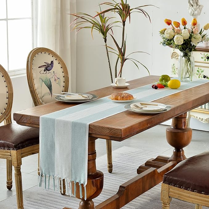 Wracra Linen Table Runner, Farmhouse Macrame Table Runners 90 Inches Long for Dining Table Decor, Wedding, Party and Dresser Decor (Aqua Blue,90")