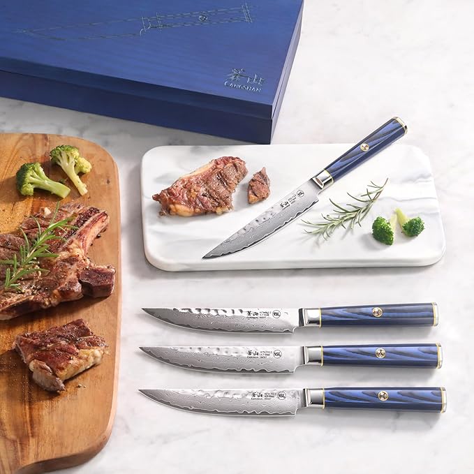 Cangshan KITA Series 4-Piece Fine Edge Steak Knife Set With Ash Wood Box, High Carbon X-7 Damascus Steel, 501509 (4pc)