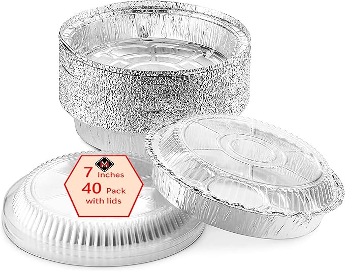 Mr Miracle Pack of 40 Disposable Aluminum Foil Pans with Clear Lids – 7 Inch Circular Aluminum Pans, Ideal for Baking, Storing, Heating, Serving - Round Foil Pans with Lids