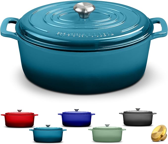 ROSSALLINI Signature Enameled Cast Iron Oval Dutch Oven | Non-Stick Serving Pot with Tight Fitting Lid for Perfect Roasting, Baking, Sauteing, and Bread Making | 15.5Q [Ocean Blue]