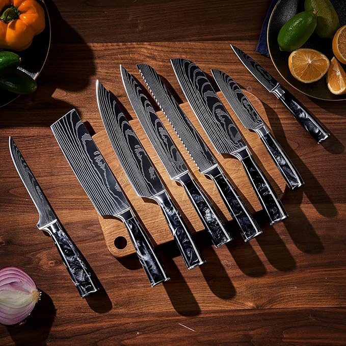 SENKEN 8-Piece Japanese Knife Set - Black Resin Handle, Laser Damascus Pattern - Onyx Collection - Chef's Knife, Cleaver, Santoku, Bread & Paring Knives