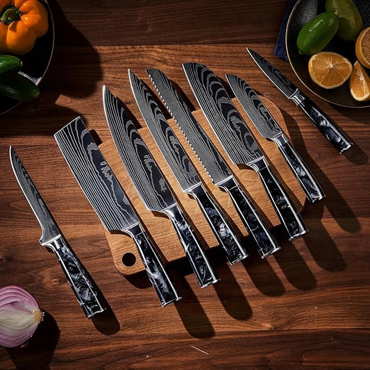 SENKEN 8-Piece Japanese Knife Set - Black Resin Handle, Laser Damascus Pattern - Onyx Collection - Chef's Knife, Cleaver, Santoku, Bread & Paring Knives