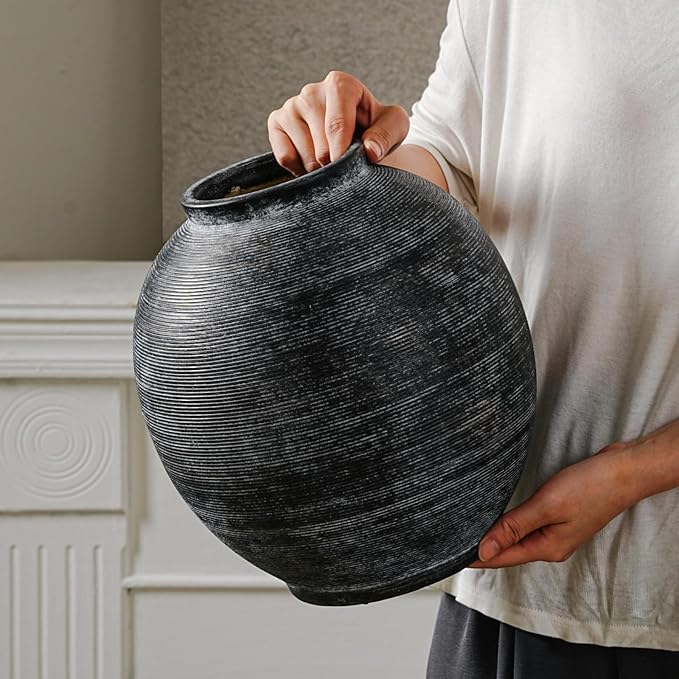Large Black Ceramic Vase Home Decor, Round Farmhouse Table & Floor Vases Rustic Vintage Living Room Entrway Kitchen Bedroom Decorations，Minimalist Hand-Made Textured Vase (10.8” H Black Bronze)