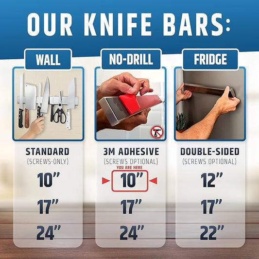 Strong Adhesive (No Drill) Magnetic Knife Holder for Wall - Professional 10 Inch Knife Strip - No Screws Needed - Adhesive Backing - Stainless Steel Bar (Upgraded Version – Will Not Fall)