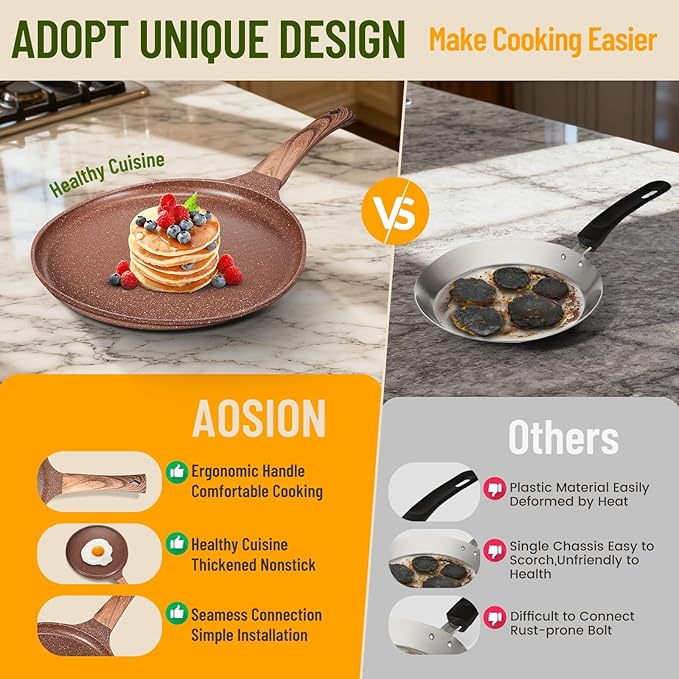 AOSION Crepe Pan Nonstick 11 Inch,Dosa Tawa Creamic,Tortilla pan For Pancake Steak Crepe Salmon,Flat Pan With Ergonmic Handle For All Stoves Top,Brown