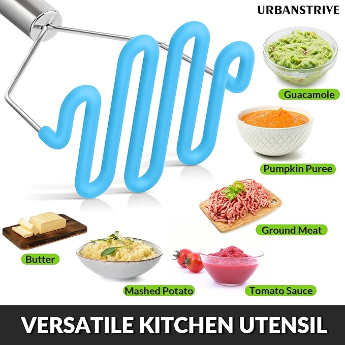 Urbanstrive Non-Scratch Silicone Potato Masher Kitchen Tool, Potatoes Masher Potato Masher Stainless Steel Wrapped In Premium Silicone, Potato Smasher, Blue