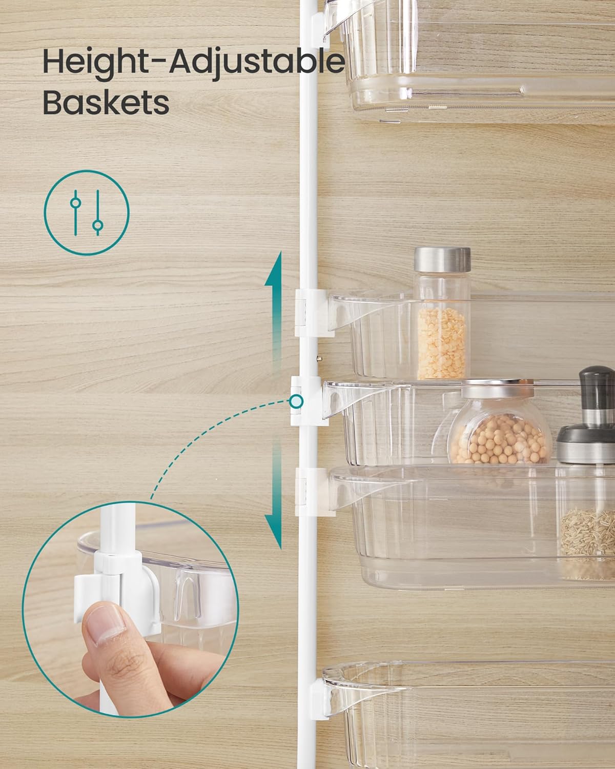 SONGMICS Over the Door Pantry Organizer, 6-Tier Kitchen Pantry Door Organizer with Adjustable Tall Baskets, Hanging Spice Rack, for Bedroom Bathroom Laundry Room, Transparent