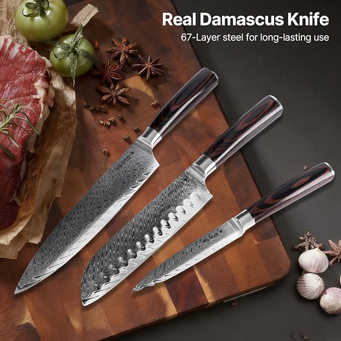 Damascus Knife Set, 3PCS Ultra Sharp Professional Japanese Kitchen Knives with Pakkawood Handles,VG10 Steel Core Chef Knife Set for Gift for Mom Dad-Gift Box