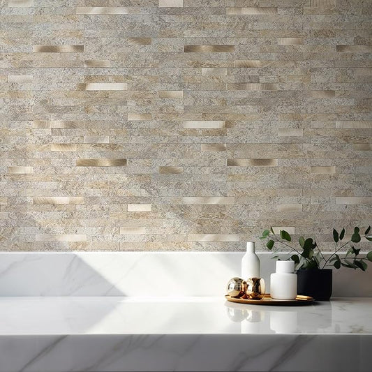 20 Sheets Peel and Stick Backsplash, Dark Beige with Metal Gold Look PVC Wall Tiles Upgrade Your Kitchen Backsplash, RV, Fireplace