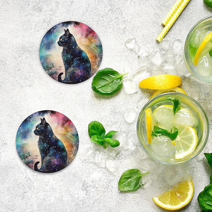 Round Coasters Set of 2, Watercolor Galaxy Sky Black Cat Absorbent Ceramic Coaster with Cork Base, Bar Coasters for Drinks Coffee Mugs Tea Cups Wine Glasses Home Decor Gifts (4 inches)