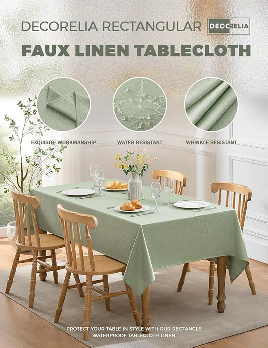 Faux Linen Farmhouse Table Cloth 60"x144" for 10 ft Rectangle Table, Sage Green Waterproof Outdoor Washable Cloth Tablecloth for Rectangular Dining Room Kitchen Outdoor Party Restaurant Table