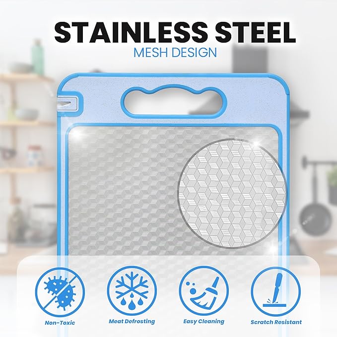 LUMAI Blue Stainless Steel Cutting Board for Raw Meat & PP Wheat Straw for Fruits, Veggies & Bread, Non Toxic Cutting Board for Kitchen w/Knife Sharpener, Stainless Steel Chopping Boards for Kitchen