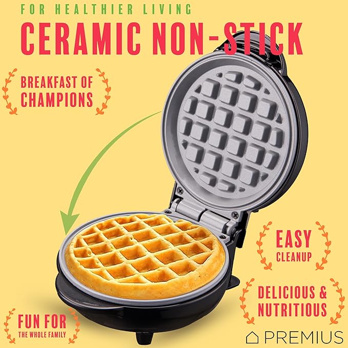 Ceramic Nonstick Mini Snack Waffle Maker, 4” Mold, Quick Heat for Crispy Waffles, French Toast, Tuna Melt, Egg & Grilled Cheese, Sandwiches for Kids & Family, Just Add Batter (Black)