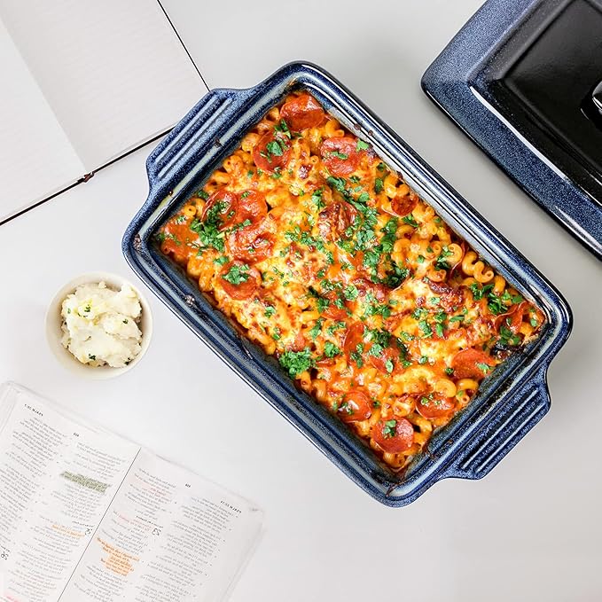 UNICASA Casserole Baking Dish with Lid - Ceramic Blue Lasagna Pan 3.2 Quart, Large Covered Bakeware Set 9x13 for Cooking, Stoneware Bakers Microwave Oven Safe - Reactive Glaze Blue
