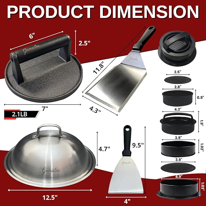 Gamalou® Smash Burger Press Kit: 7" Cast Iron Grill Press, 12" Melting Dome, 3-in-1 Patty Maker, 4.3" Spatula & 4" Scraper, Griddle Accessories for Blackstone, Grills, Flat Top, BBQ, Fry Pan