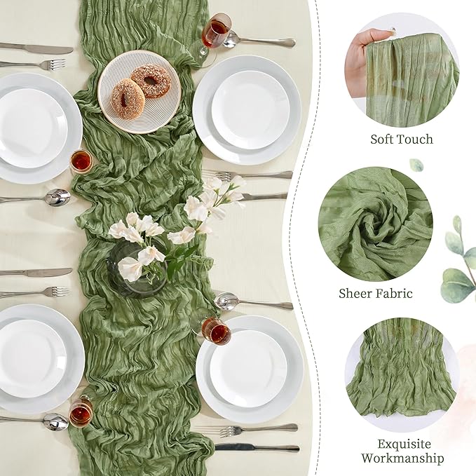 12 Pack Sage Green Cheesecloth Table Runner 10FT Long Boho Gauze Table Runner Rustic Sheer Runner for Wedding Bridal Baby Shower Birthday Party Table Decor Home Easter Thanksgiving Decorations