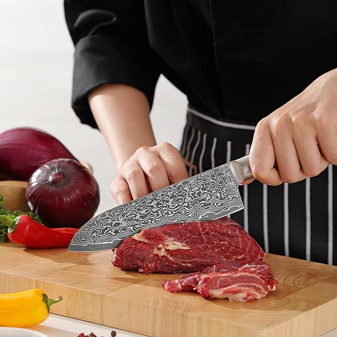 zayiko Kinone Santoku Knife – 6.7-Inch Damascus Kitchen Knife | 67 Layers Damascus Steel with VG10 Core | Ergonomic Birch Root Wood Handle | Professional Chef Knife in Gift Box