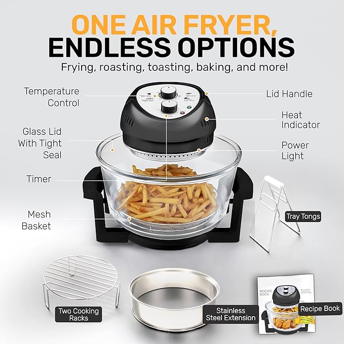 Big Boss 16Qt Large Glass Air Fryer Non Toxic – Family Sized Large Halogen Oven Cooker with 3 Cooking Sections, Stainless Steel Racks, French Fries, Chicken, No Preheat, Self Cleaning, Dishwasher Safe