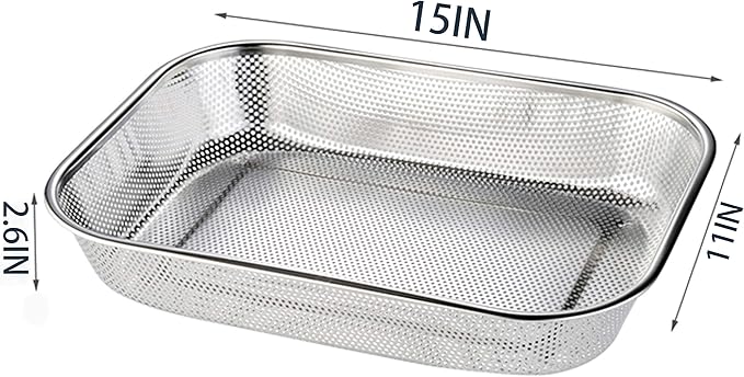 Cedilis 2 Pack Large Stainless Steel Colander Strainer, 6 Quart Mesh Vegetable Washing Basket, Rectangle Drainer Sink Basket for Vegetable Fruit Food (15" x 11" x 2.6")