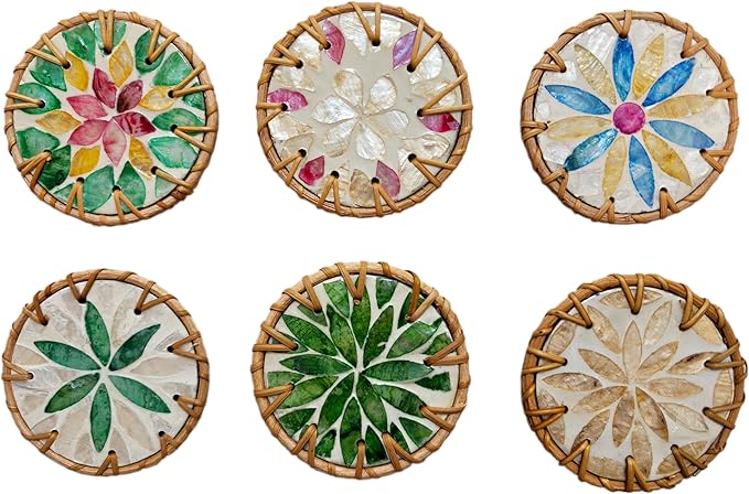 A Set of 6 Beverage Coasters, Rattan/Colorful Shell/Coffee&Tea Cup/Handmade Woven Coasters for Various Cups, Desktop Protection, Special Home Gifts