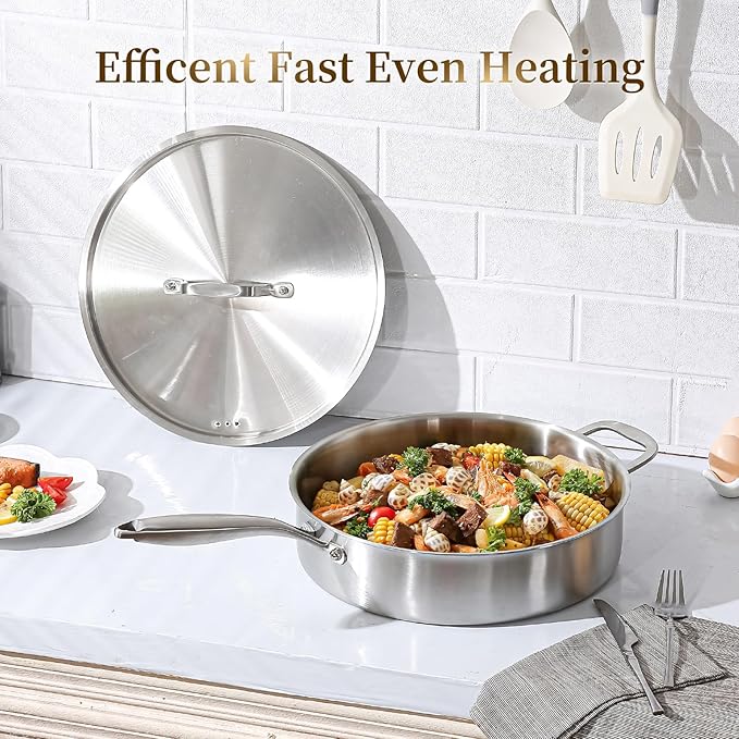 DELARLO 6QT Saute Pan Tri-Ply Stainless Steel Pan, 12Inch Deep Frying Pan with Steel cover, Kitchen Large Skillet,Heavy Duty Style Compatible With All Cooktops Up to 650℉