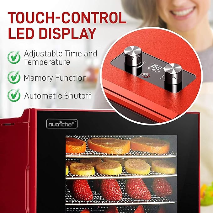 Electric Countertop Food Dehydrator Machine - 350-Watt Premium Multi-Tier Meat Beef Jerky Maker Fruit/Vegetable Dryer w/ 4 Stainless Steel Trays, Digital Timer, Temperature Control - NutriChef NCDH4S