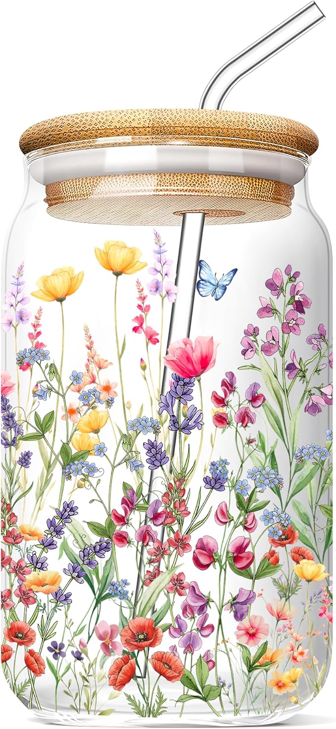 Floral Glass Cups with Lids and Straws 16 Oz Flower Iced Coffee Cup Cute Wildflower Drinking Glasses Birthday Mothers Day Valentines Christmas Flowers Gifts for Women Her Mom Friends