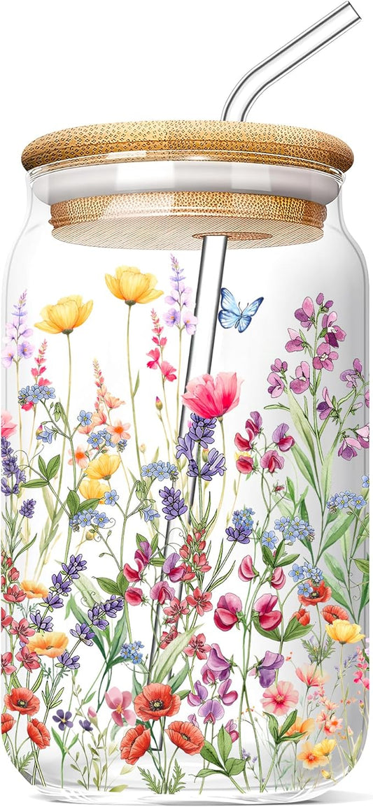Floral Glass Cups with Lids and Straws 16 Oz Flower Iced Coffee Cup Cute Wildflower Drinking Glasses Birthday Mothers Day Valentines Christmas Flowers Gifts for Women Her Mom Friends