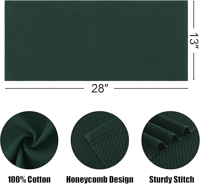 Kitinjoy 100% Cotton Waffle Weave Kitchen Towels, 8-Pack Super Soft and Absorbent Dish Towels for Drying Dishes, Kitchen Hand Towels, 13 in x 28 in, Blackish Green