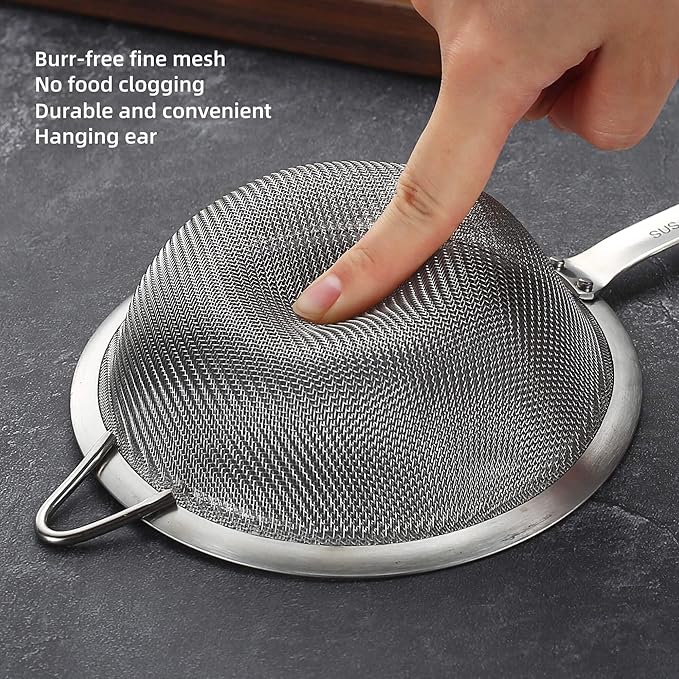 3.35inch 304 Stainless Steel Fine Mesh Strainers for Kitchen, Colander-Skimmer with Handle, Metal Sieve Sifters for Food, Rice, Oil, Noodles, Fruits, Vegetable, Tea Strainer