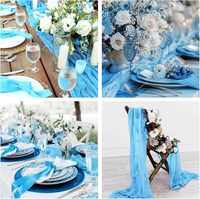 10 Pack Cheesecloth Table Runner 10FT Boho Gauze Rustic Fabric Table Runner Vintage Sheer Tablecloth for Wedding Party Bridal Baby Shower Decorations (Light Blue)