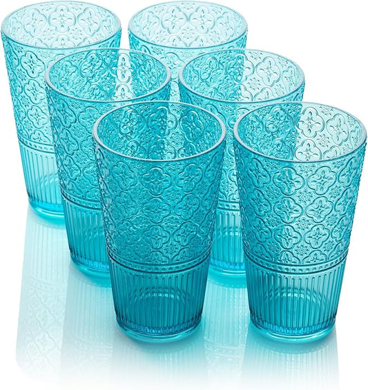 Victoria Aqua Set of 6 Premium Acrylic Ice Tea Glass 22 oz – Unbreakable Glassware with Elegant Embossed Design, Dishwasher Safe for Indoor & Outdoor Use