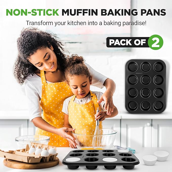 NutriChef Non-Stick 2-Piece 12 Cup Muffin Pans with 100 Parchment Cupcake Liners, Carbon Steel, Professional Grade Muffin Pans for Baking, Durable & Dishwasher Safe 13.7"x10.4"x1.1" Inch (Black)
