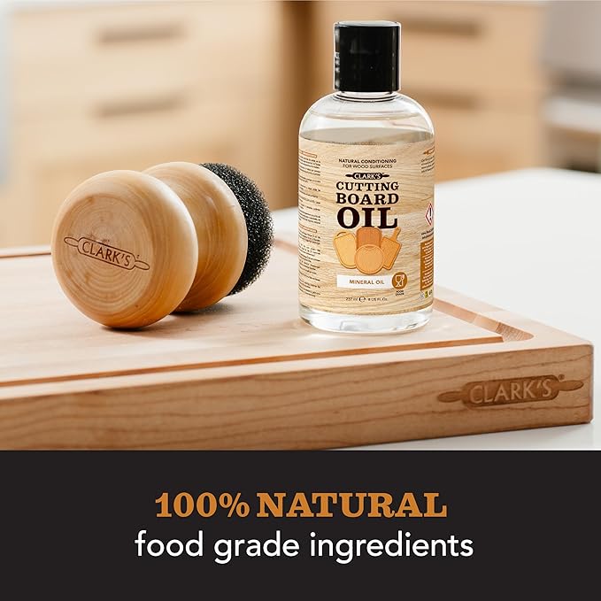 CLARK'S Mineral Oil - 8 oz Food Grade Conditioner for Wood Cutting Board, Cutting Board Oil for Butcher Block, Marble & Soapstone, Lubricant for Knife, Meat Grinder - Made in USA