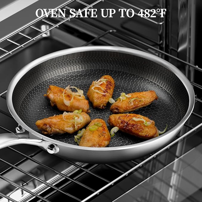 CADIVIZZO Stainless Steel Frying Pan with Lid - 9.5 Inch Nonstick Frying Pan with Lid, Honeycomb Stainless Steel Skillet Omelet Chef's Pan with Stay Cool Handle, Induction Compatible, PFOA Free