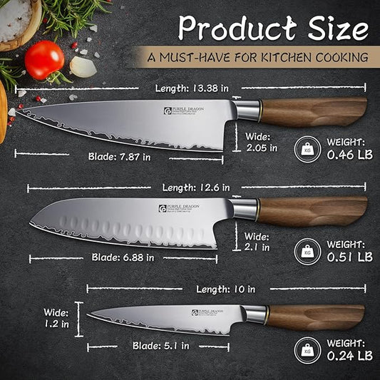 Purple Dragon Knife Set, 3Pcs Kitchen Knives Set, German VG10 Steel Japanese Chef Knives 7.8 Inch Santoku Knife 7 Inch Utility Knife 5.1 In, Razor-Sharp Knives Christmas Gift for Men and Women
