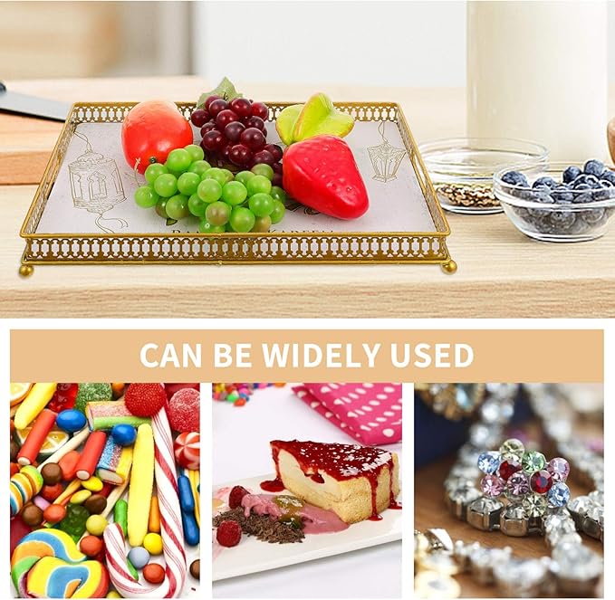 Golden Metal Eid Mubarak Dessert Tray - 11.02x7.87in Muslim Serving Plate for Home Party, Ramadan Decor, Snacks, Sweets, Nuts, and Cakes