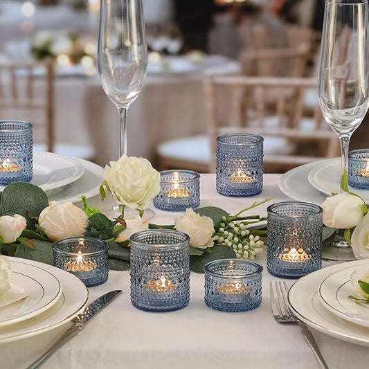 Blue Glass Votive Candle Holders Set of 24, Assorted Heights Polka Dot Tealight Candle Holders for Table Centerpiece, Blue Candle Holder Decor for Wedding, Baby Shower Party & Spa