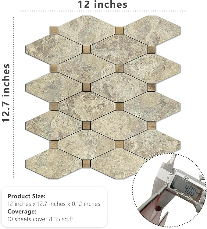 STICKGOO 10 Sheets Peel and Stick Backsplash, Tan Stone Mixed Metal Gold Backsplash Tile Peel and Stick, Stick on Backsplash for Kitchen, Fireplace, Bathroom, RV