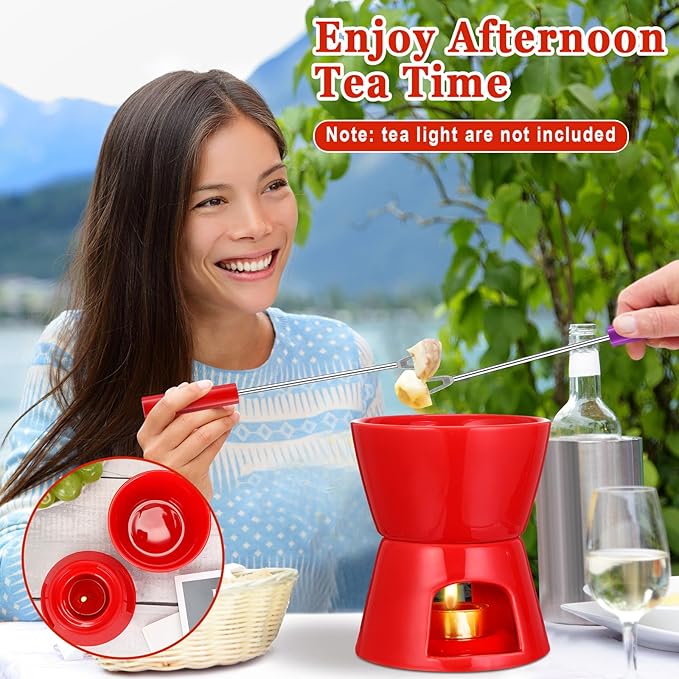 Nuogo 4 Pcs Fondue Pot Set Ceramic Mini Chocolate Fondue Mug Set Melting Bowl with 16 Pcs Mini Forks for Cheese, Chocolate, Tapas, Butter and Caramel, Valentine's Day(Red and White)