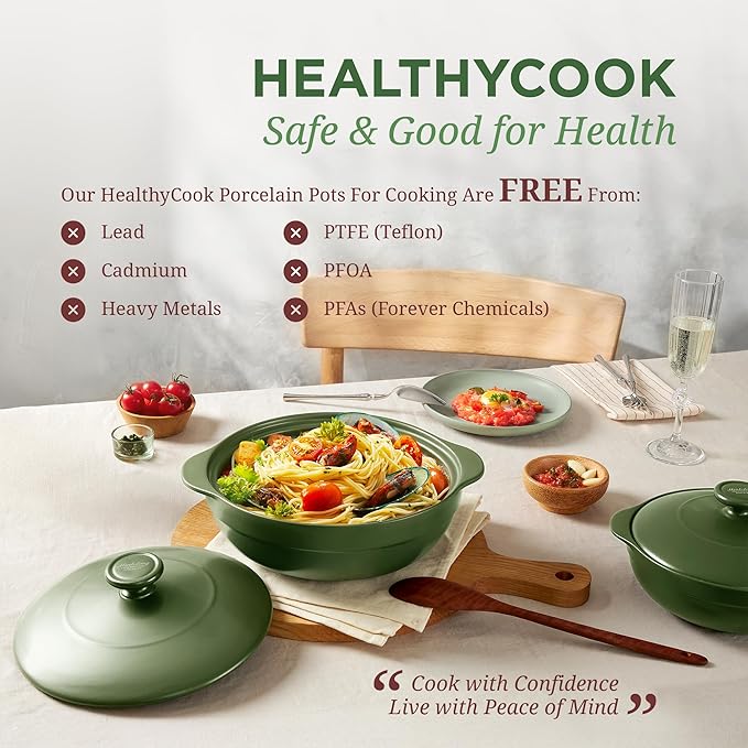 MINH LONG 1-Qt Porcelain Dutch Oven with Lid – Lead & Cadmium Free, Oven Safe to 482°F, Heat Retention, Clay Pot for Cooking on Gas & Infrared Cooktop, Use to Marinate, Cook, Bake, Refrigerate & Serve
